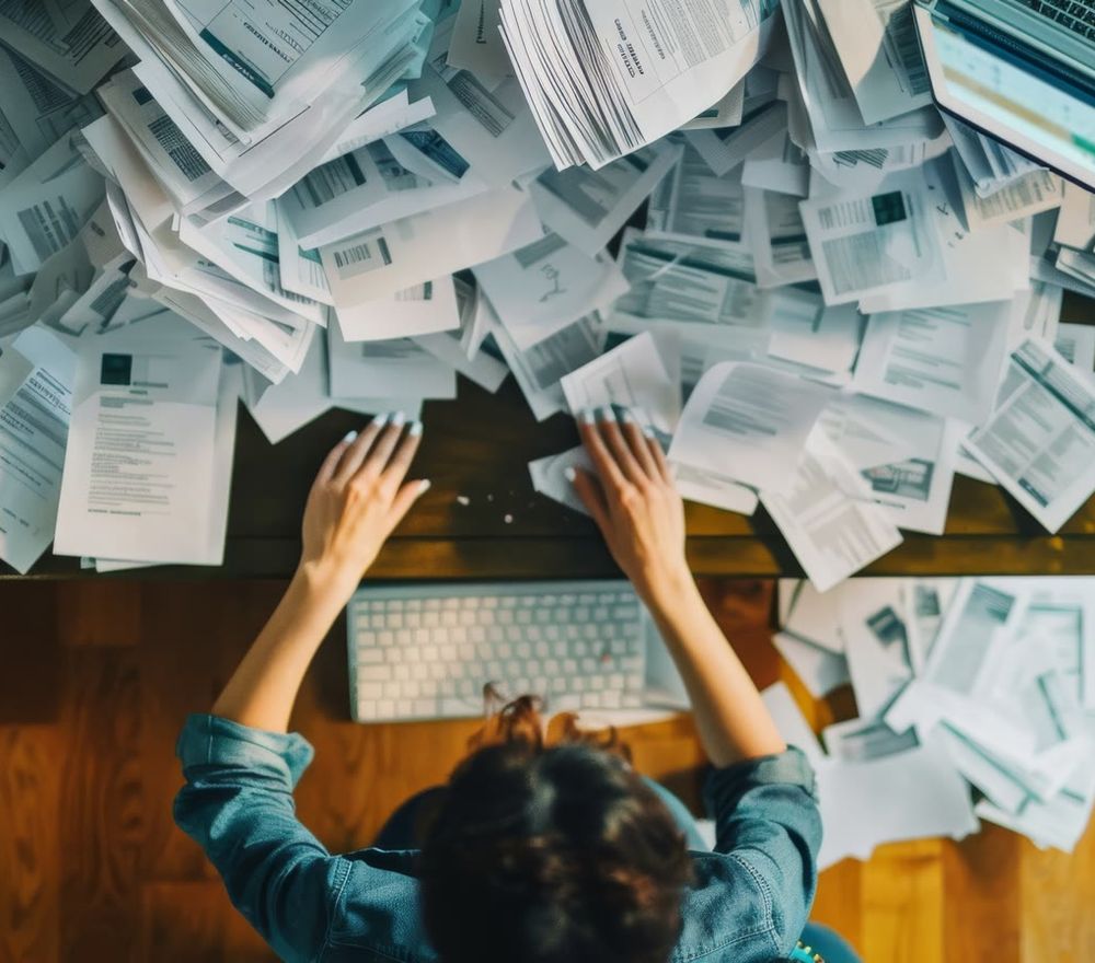 A desk buried in printed paperwork